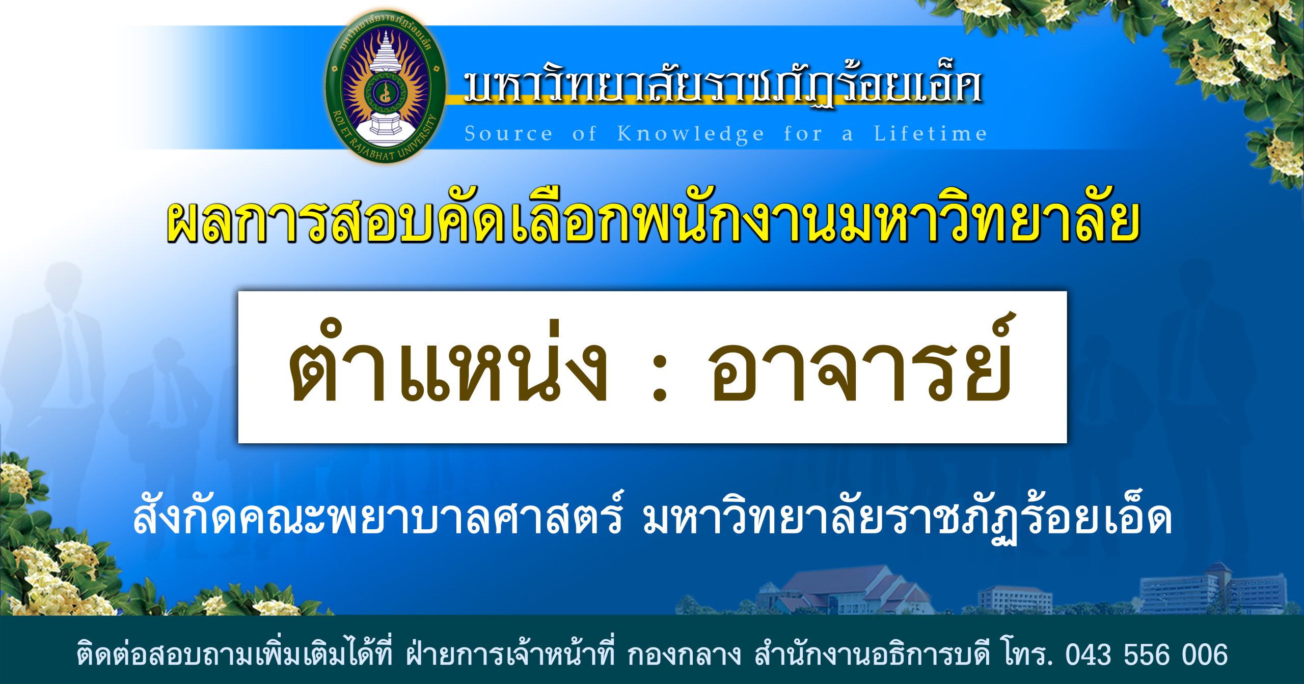 ผลการสอบคัดเลือกพนักงานมหาวิทยาลัยสายวิชาการ คตำแหน่ง อาจารย์ สังกัดคณะพยาบาลศาสตร์