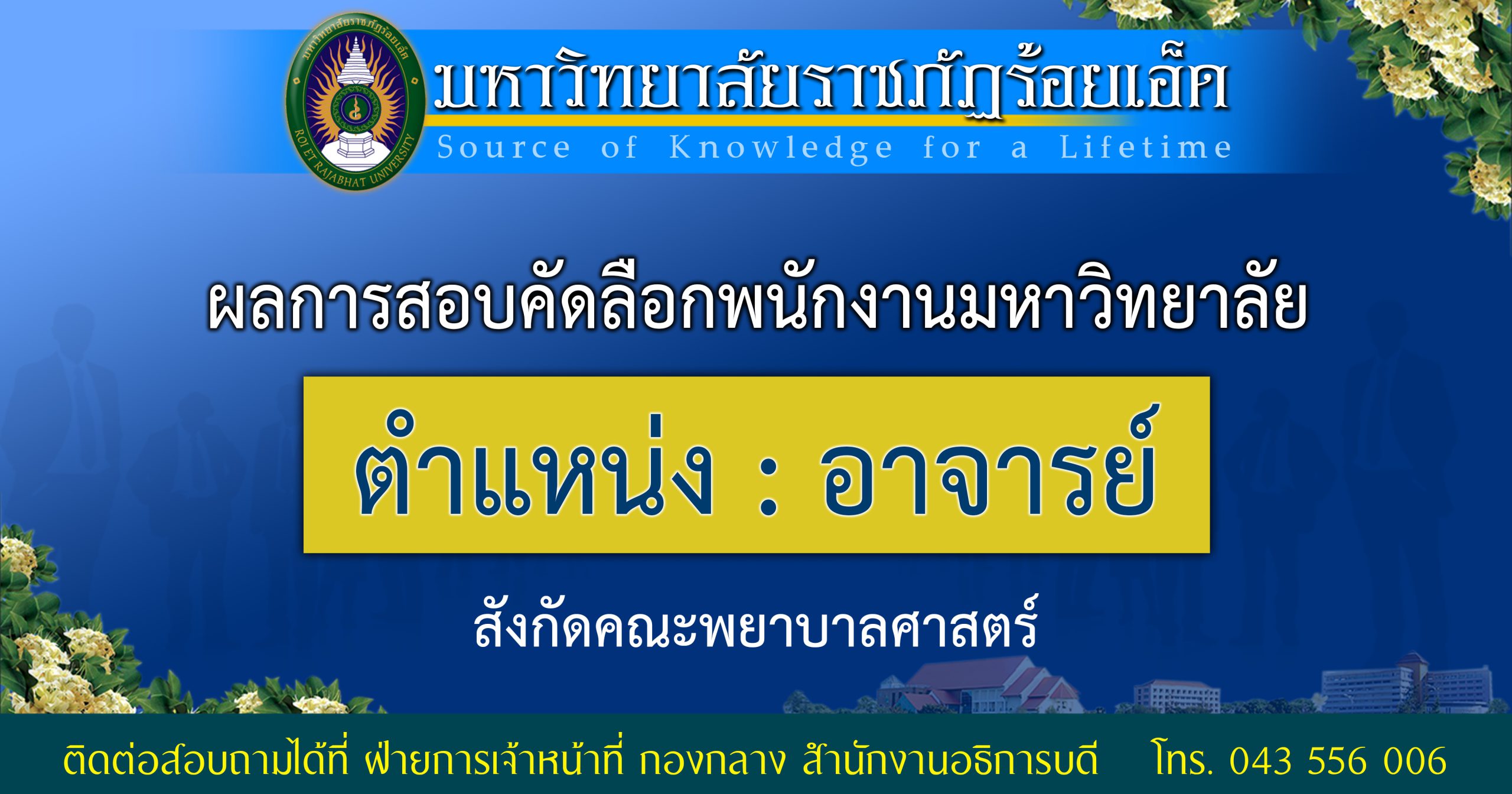 ผลการสอบคัดเลือกพนักงานมหาวิทยาลัย ตำแหน่ง อาจารย์ สังกัดคณะพยาบาลศาสตร์