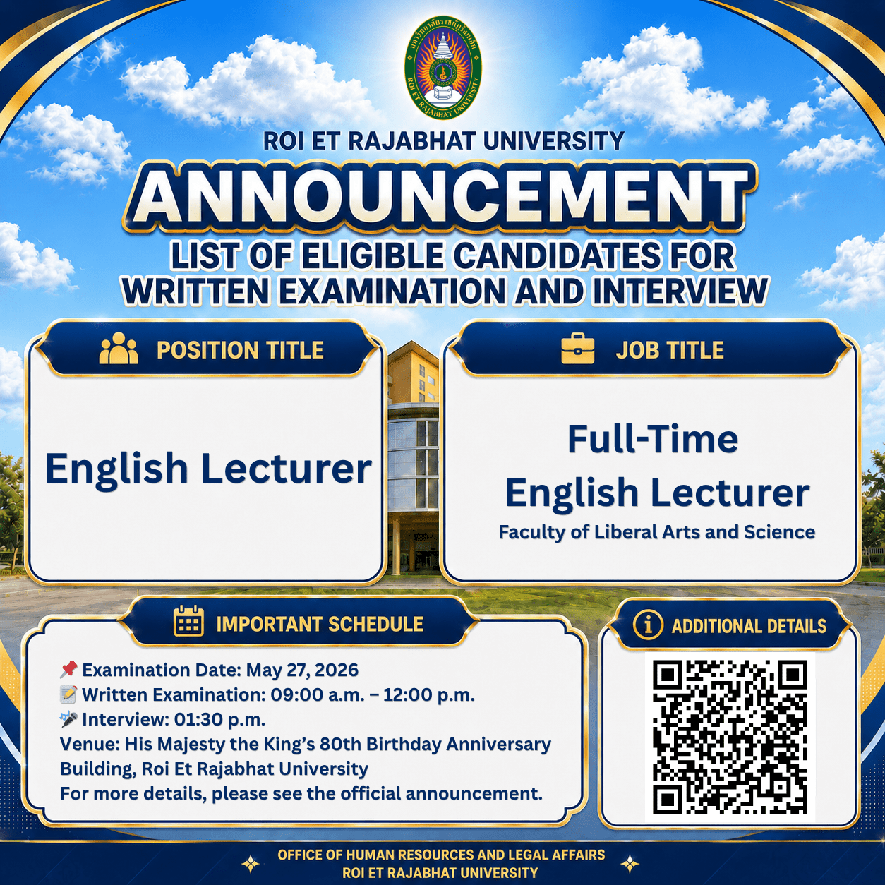 Roi Et Rajabhat University AnnouncementList of Eligible Candidates for Written Examination and InterviewFull-Time English Lecturer PositionFaculty of Liberal Arts and Science