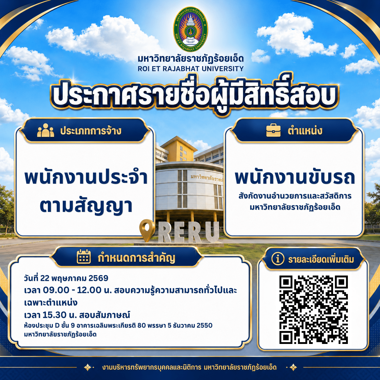มหาวิทยาลัยราชภัฏร้อยเอ็ด ประกาศรายชื่อผู้มีสิทธิ์สอบพนักงานประจำตามสัญญา ตำแหน่งพนักงานขับรถ พร้อมกำหนดการสอบวันที่ 22 พฤษภาคม 2569