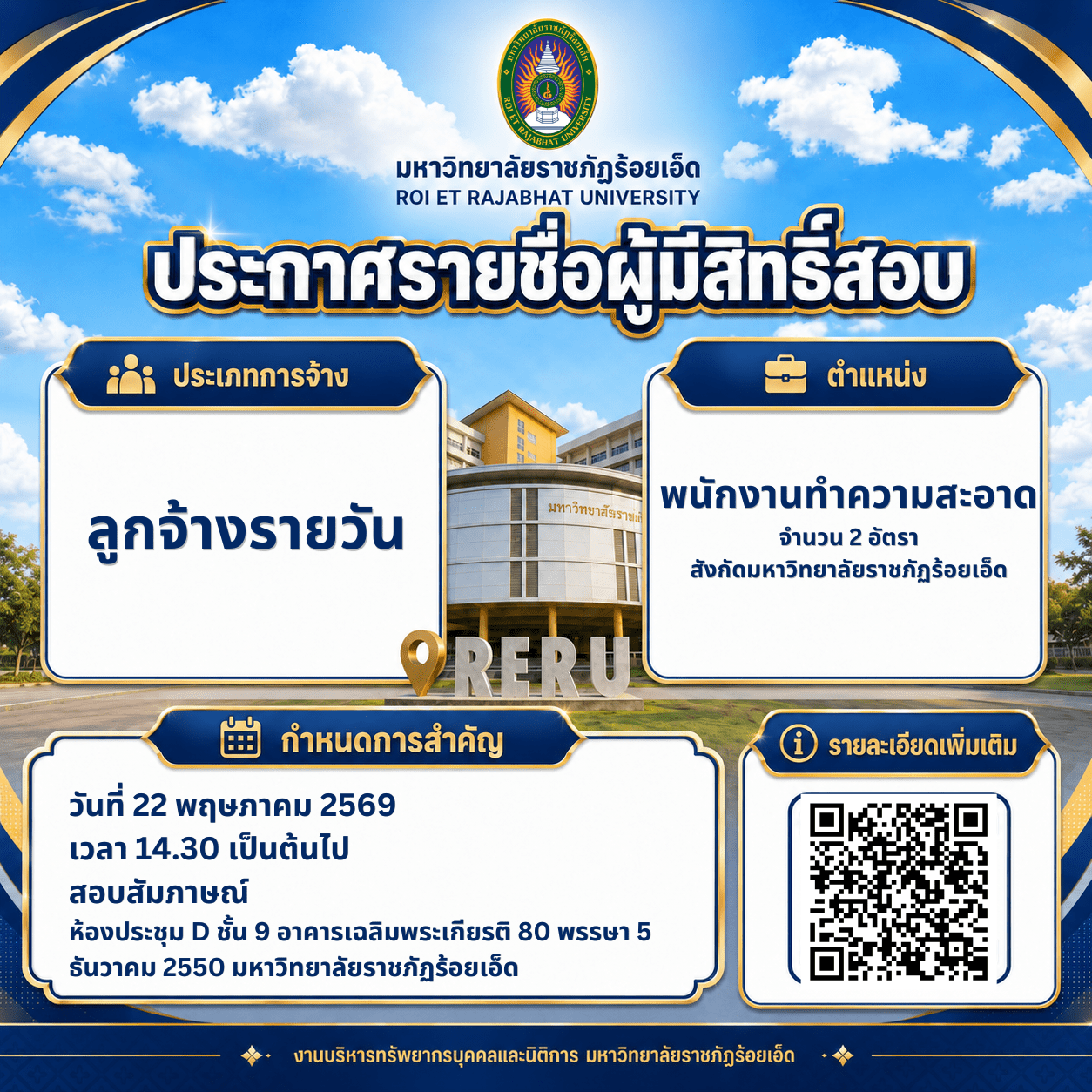มหาวิทยาลัยราชภัฏร้อยเอ็ด ประกาศรายชื่อผู้มีสิทธิ์สอบสัมภาษณ์ ลูกจ้างรายวัน ตำแหน่งพนักงานทำความสะอาด สอบวันที่ 22 พฤษภาคม 2569
